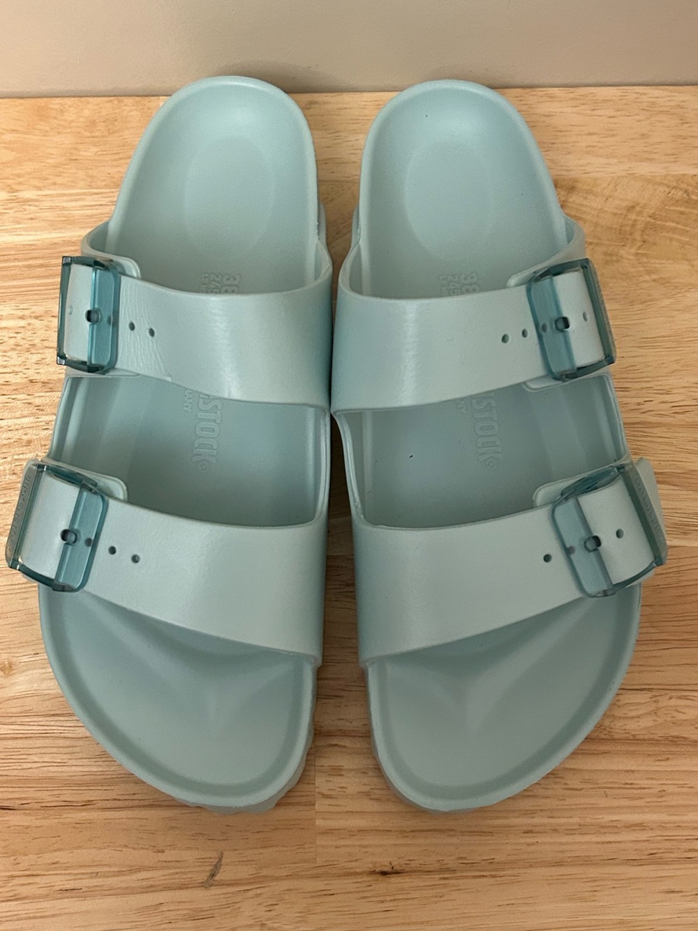 Birkenstock Arizona Stealth Buckle Two-Strap Slides in Surf Green